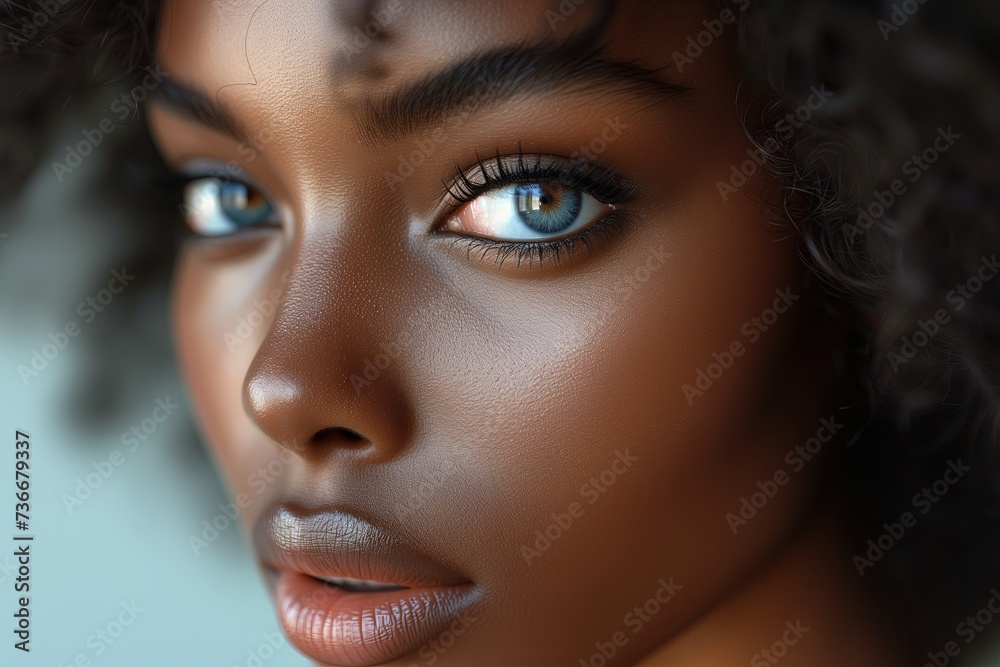 Wall mural Beautiful Face of black Woman cosmetic closeup beauty portrait healthy care skin and hair over white color background.