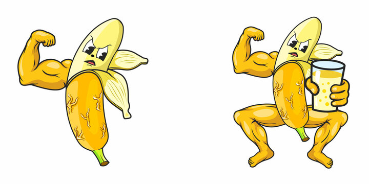 Strong banana cartoon character Illustration. Smiling banana showing muscle biceps, holding energy drink supplement. Hand drawn style, vector illustration.