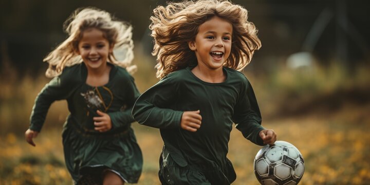 two girls running with a football ball