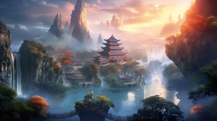 Chinese Style Fantasy Landscape Art - obrazy, fototapety, plakaty