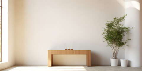 Modern minimalist interior design with empty white walls and wooden furniture