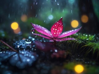 glowing mushrooms in a dark, moody rainy magical forest