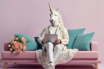 Foto op Plexiglas relaxed unicorn holds a laptop in his hands © RealPeopleStudio