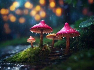 glowing mushrooms in a dark, moody rainy magical forest