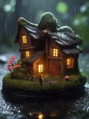 glowing house in a dark, moody rainy magical forest
