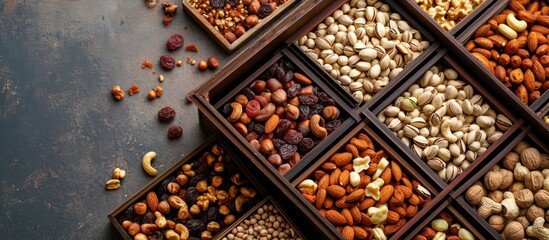 A luxury gift box with assorted nuts and dried fruits, captured vertically.