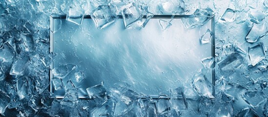 Winter-themed rectangular frame encapsulating frozen glass with a 3D-rendered backdrop of exploded blue ice. - obrazy, fototapety, plakaty
