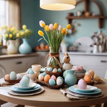 Simple decoration of Easter kitchen and table. design for poster, banner, web, social media. ai generative design