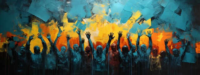 a group of people with their hands up - obrazy, fototapety, plakaty
