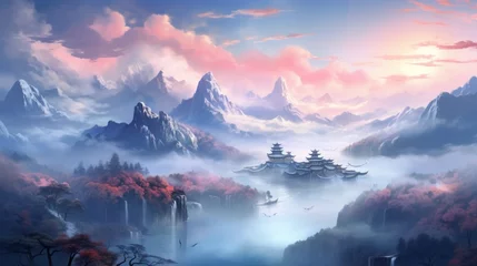 Tableaux ronds sur plexiglas Rose clair Chinese Style Fantasy Landscape Art