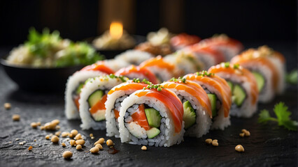 
Exquisite Japanese Delight: Sushi Rolls with Rice and Fish, Drizzled with Soy Sauce