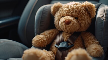 Safety first with a teddy bear securely fastened in a car seat