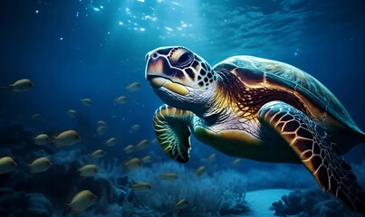 closeup of a green sea turtle swimming underwater under the lights