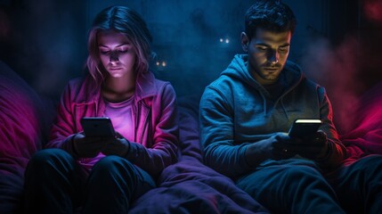 a man and woman sitting on a bed looking at their phones