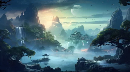 Cercles muraux Vert bleu Chinese Style Fantasy Landscape Art