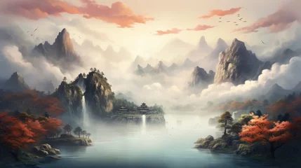 Papier Peint photo Gris Chinese Style Fantasy Landscape Art