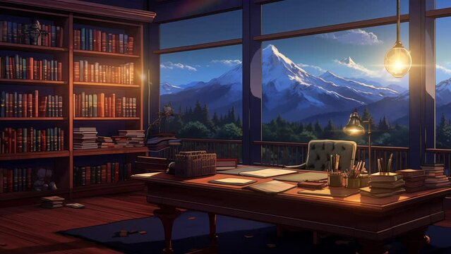Animated illustration of a work desk with a view of the forest at night. Digital painting or cartoon anime style, animated background. 4k loop animated background.