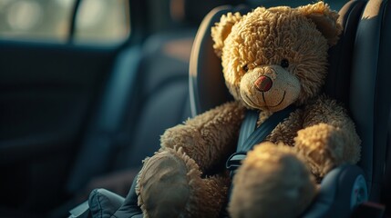 Safety first with a teddy bear securely fastened in a car seat - obrazy, fototapety, plakaty