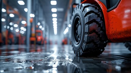 Detailed Close-Up of Forklift Wheel in Industrial Warehouse with Red Accents