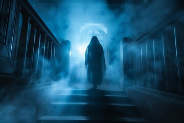 Eerie silhouette of a ghostly figure in a dimly lit room Creating a suspenseful and haunted atmosphere for a halloween-themed horror scene