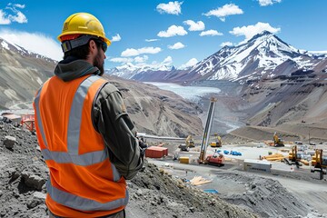 Engineer overseeing a team at a high-altitude construction site Ensuring precision and safety in challenging environments