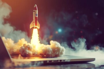 Innovative concept of a rocket launching from a laptop screen Symbolizing breakthrough ideas and the power of digital creativity