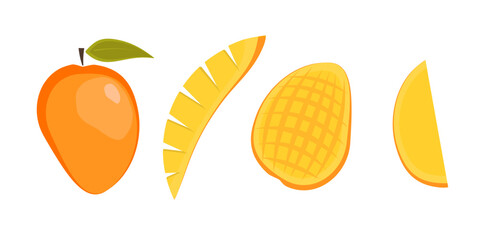 Bright flat vector exotic ripe orange and red mango set - fruit split in a half, quarter, cubes. Cute colorful simple tropical summer fruits for sticker, menu design, package