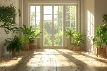 Sunlit Room with Green Plants and French Windows
