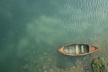 Serene lake scene with a single rowboat captured from above Highlighting the simplicity and...