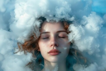 Young woman in a conceptual portrait with clouds surrounding her head Symbolizing contemplation Dreams And mental wellness