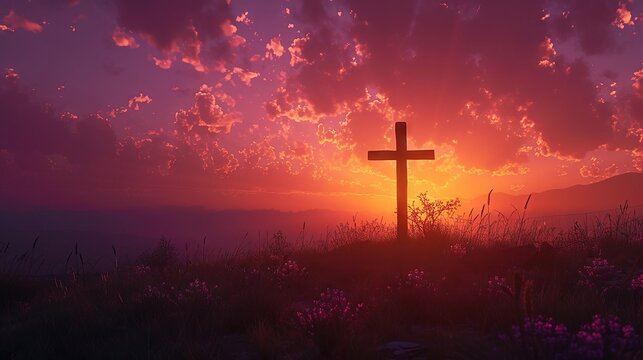  Hilltop sunrise with a cross silhouette against a breathtaking sky of fiery clouds.