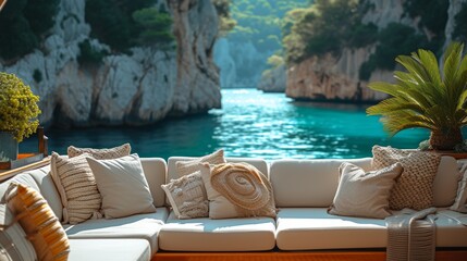 Luxurious yacht corner with plush seating and breathtaking sea view
