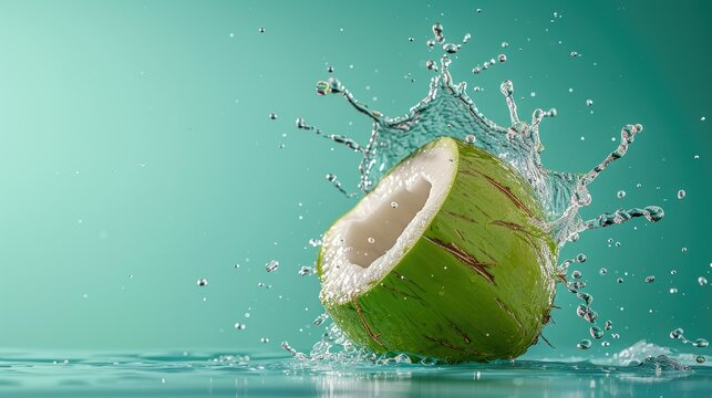 Refreshing and Nutritious: Coconut Water Splashing Out of a Fresh Green Coconut