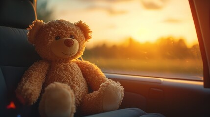 Golden hour warmth surrounds a cuddly teddy bear on a car journey, evoking childhood nostalgia