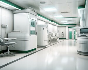 A hospital room with white and green walls. Generative AI.