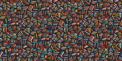 Abstract seamless pattern with hand drawn strokes, stripes and lines. Trendy vector texture with doodle blue, pink, orange scratches for textile, wrapping paper, ethnic peru print design