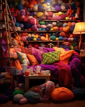 A room filled with lots of colorful blankets. Generative AI. © serg3d