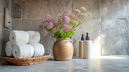 Tranquil bathroom setting with rustic charm including natural flowers and towels