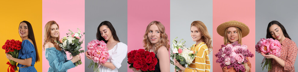 8 March - Happy Women's Day. Charming ladies with beautiful flowers on different colors backgrounds, collage - obrazy, fototapety, plakaty