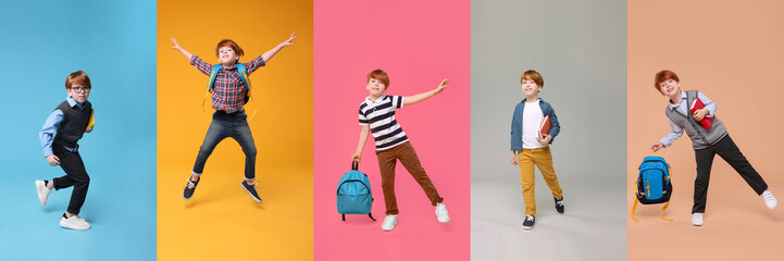 Little schoolboy on color backgrounds, set of photos