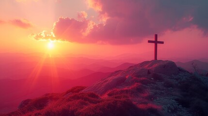 Sunrise at mountain crest with cross symbolizing faith and hope - obrazy, fototapety, plakaty