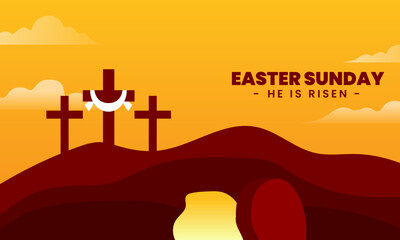 Easter sunday resurrection day scene vector. Combining the shape of the Golgotha ​​hill and the open tomb of Jesus. Very suitable for Easter.