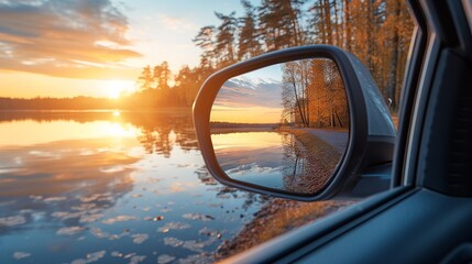 Serene Sunset Reflection in Car's Side-View Mirror Over Calm Lake Waters - obrazy, fototapety, plakaty