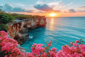 Afwasbaar Fotobehang Mediterraans Europa Scenic view of garden with pink flowers against mountain and sea. Spring or summer landscape with coastline and mountains on sunset. Travel and vacation concept. Banner with copy space 