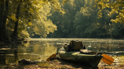 Serene riverside camping scene with green kayak and forest backdrop.