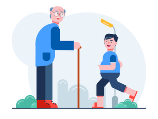 Elder man is kidding with her grandson. Senior citizen vector illustration.