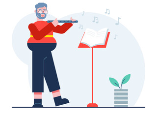 Aged man playing the flute. Senior citizen vector illustration.