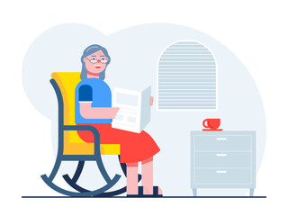 Aged woman was reading the newspaper. Senior citizen vector illustration.