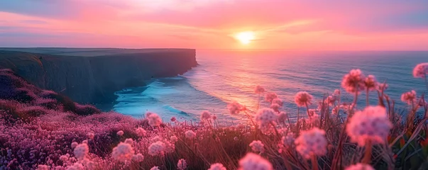 Zelfklevend Fotobehang Scenic view of garden with pink flowers against mountain and sea. Spring or summer landscape with coastline and mountains on sunset. Travel and vacation concept. Banner with copy space  © ratatosk
