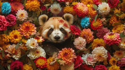 Radiant Beauty: A Golden Panda Basking in a Colorful Garden of Blossoming Flowers